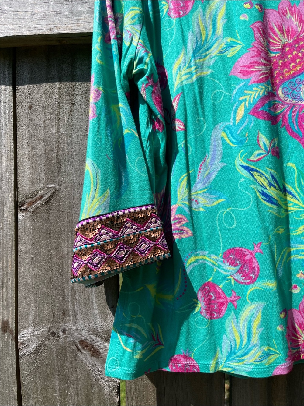 Soft Surroundings Sequined Turquoise Floral Embroidered V-Neck Blouse Sz 1X - Picture 13 of 13